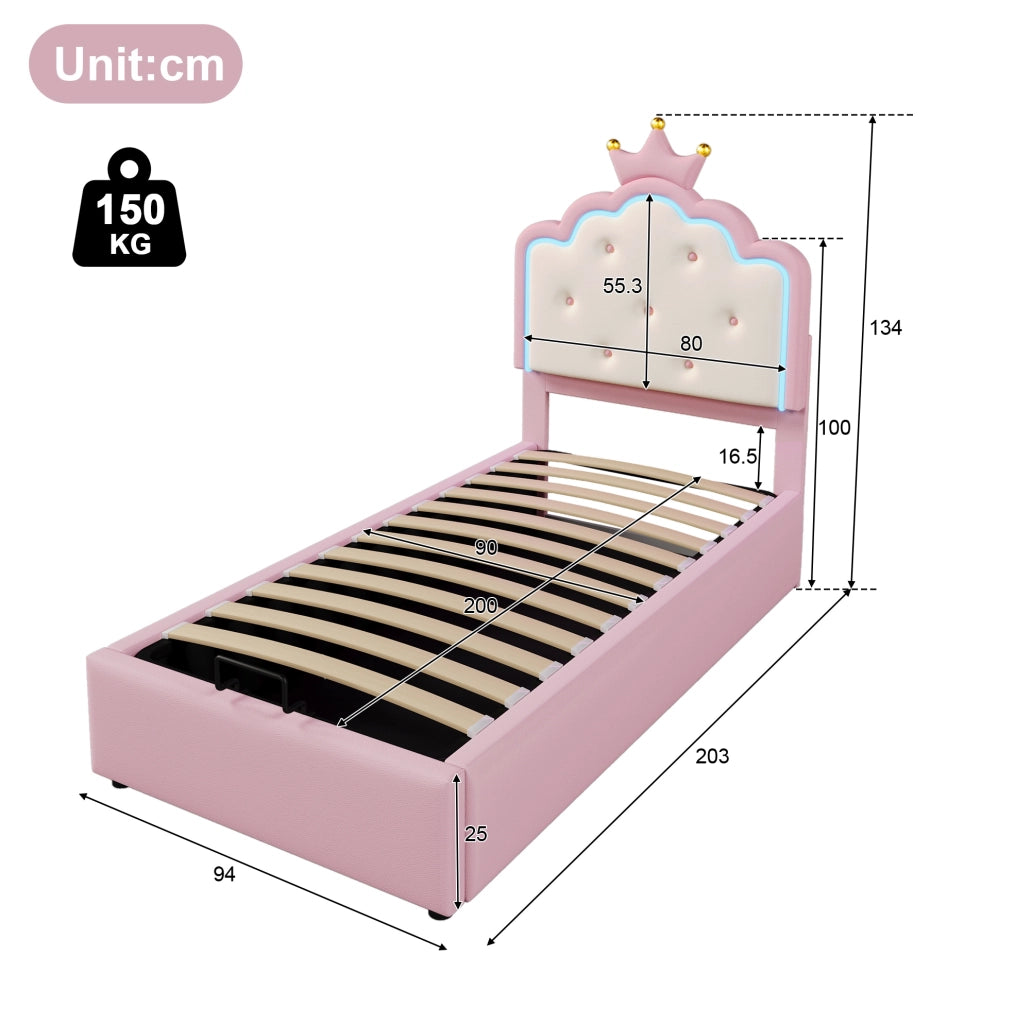Letto imbottito 90x200 cm; luci LED ambientali e contenitore idraulico; PU; rosa (Senza materasso)