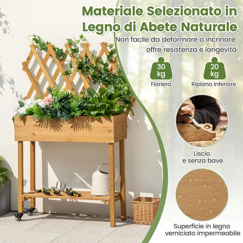 Fioriera Rialzata per Piante Rampicanti, Aiuola Rialzata con Grigliato, Ruote Bloccabili, Ripiano, Gambe e Fodera, Orto Rialzato da Esterno in Legno, 90 x 29 x 129 CM
