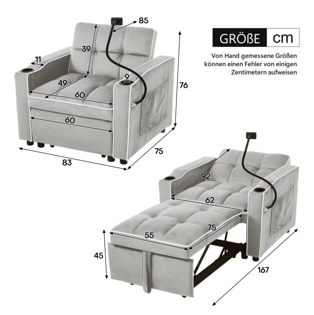 Poltrona letto 3 in 1 estraibile con schienale reclinabile, portabicchieri e porta telefono