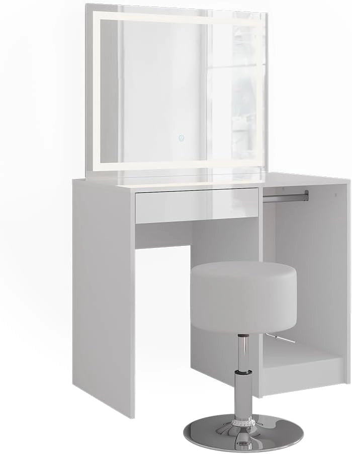 Tavolo da toeletta Sherry, Bianco/bianco lucido, 89.8 cm con specchio LED e sgabello