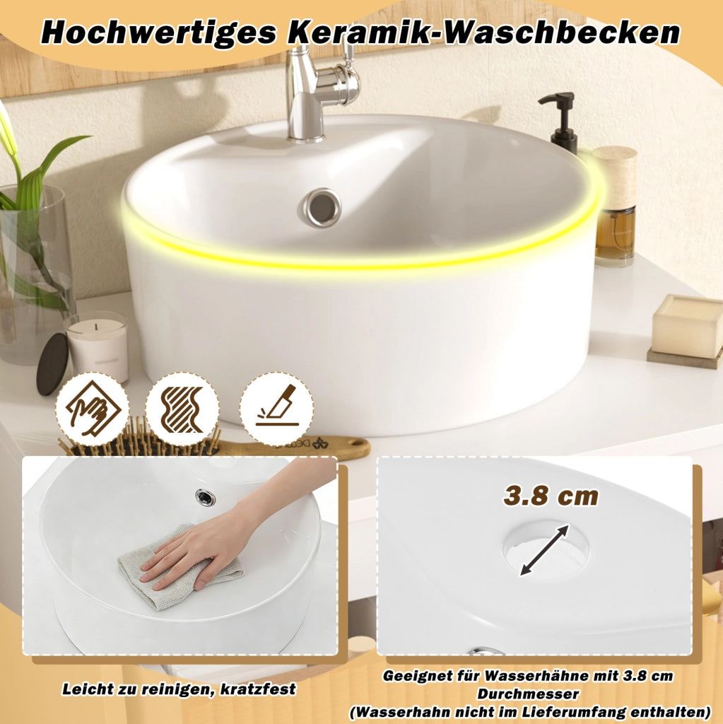 Mobile bagno sospeso 60 cm con lavabo in ceramica, 2 cassetti, MDF naturale