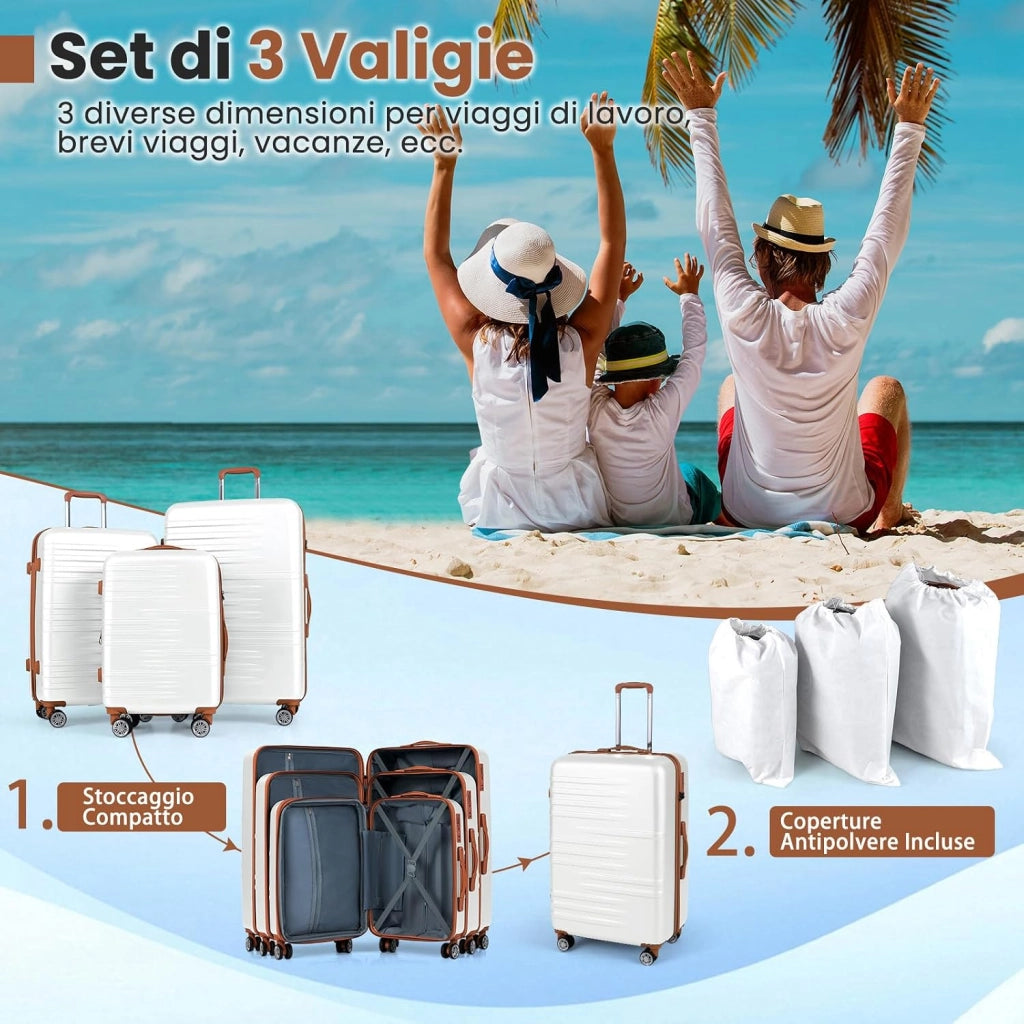 Set di Valigie Rigide 3 Pezzi, Set Valigia da Viaggio in ABS con TSA Lucchetto, Manico Telescopico in Alluminio e Ruote Piroettanti, 20", 24", 28" (Bianco)