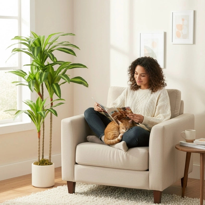 Dracaena artificiale 120 cm con tronchi flessibili e vaso bianco