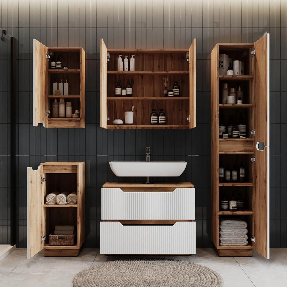 Mobile sottolavabo per bagno Lotta, Rovere/bianco a strisce, 79.6 x 62.5 cm con 2 cassetti