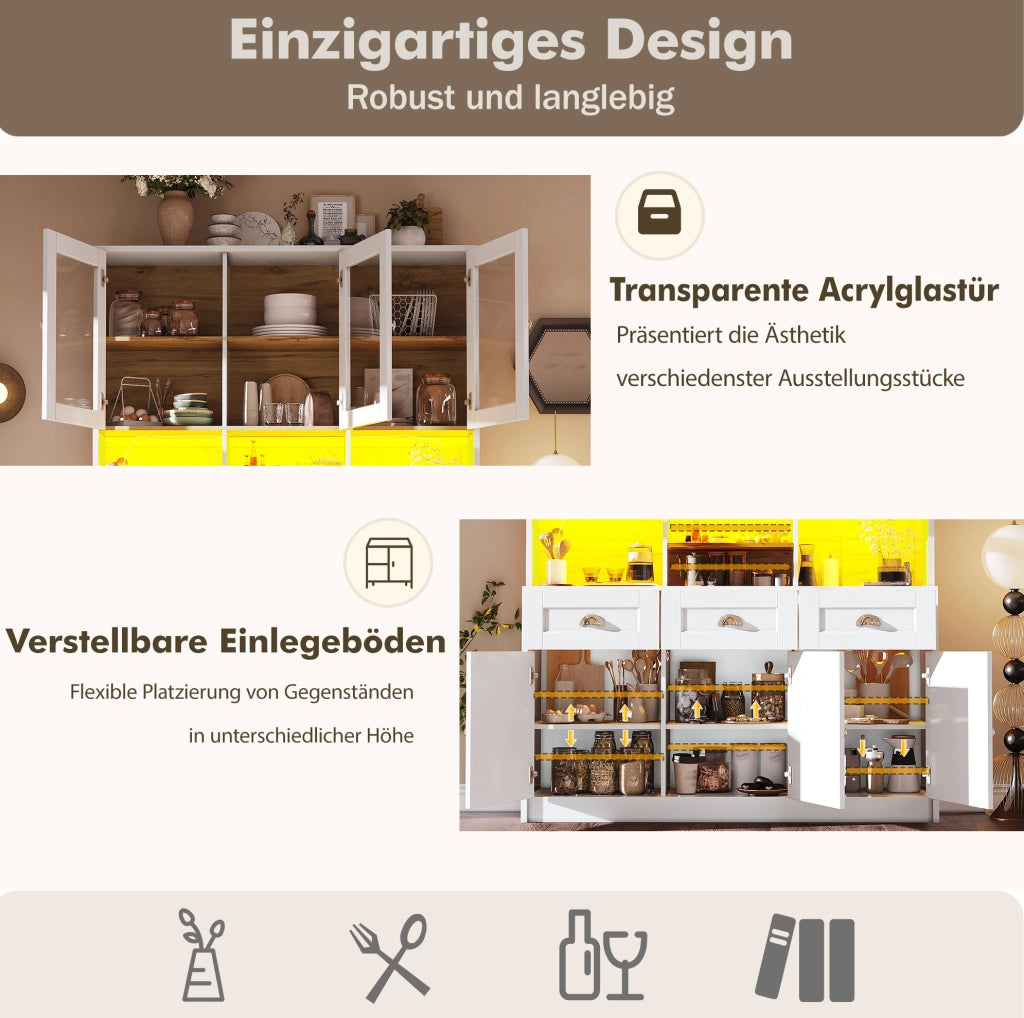 Credenza cucina con LED e ante in acrilico, 140x40x175 cm