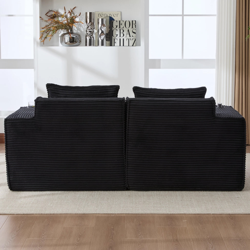 Divano modulare a 2 posti in velluto a coste con portabicchieri e tasche laterali nero per soggiorno 188 × 90 × 75 cm