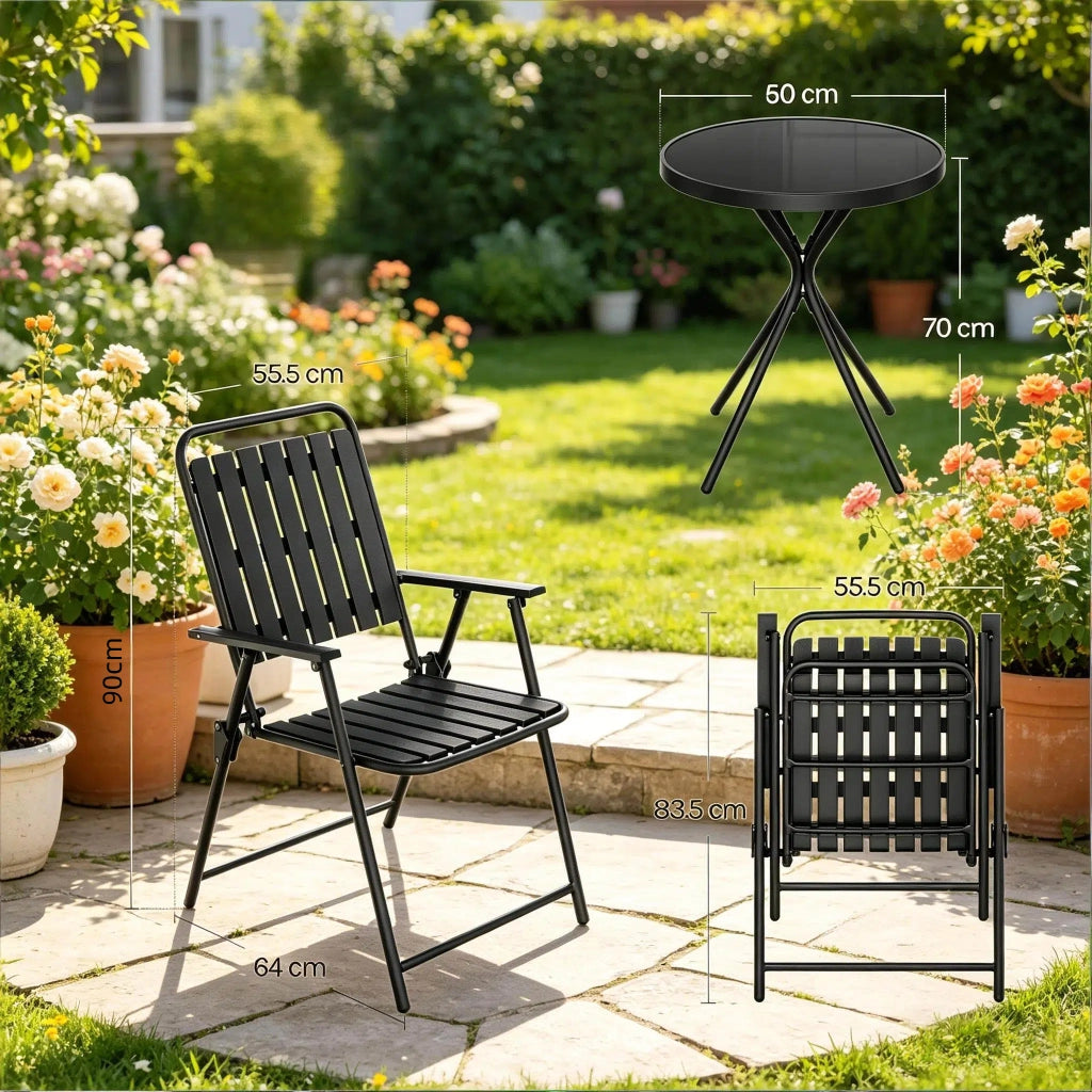 Tavolo E Sedie Da Giardino Pieghevoli - Salvaspazio - Tavolo 60 X 70 Cm - Ferro Vetro E Pp - Nero - Per Balcone E Giardino - Facile Da Riporre