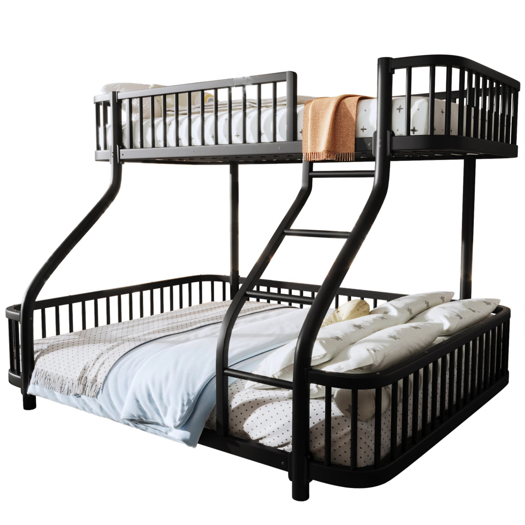 Letto a castello per bambini 90x200 + 140x200 cm; in metallo con barriere di sicurezza e scala; letto familiare; nero