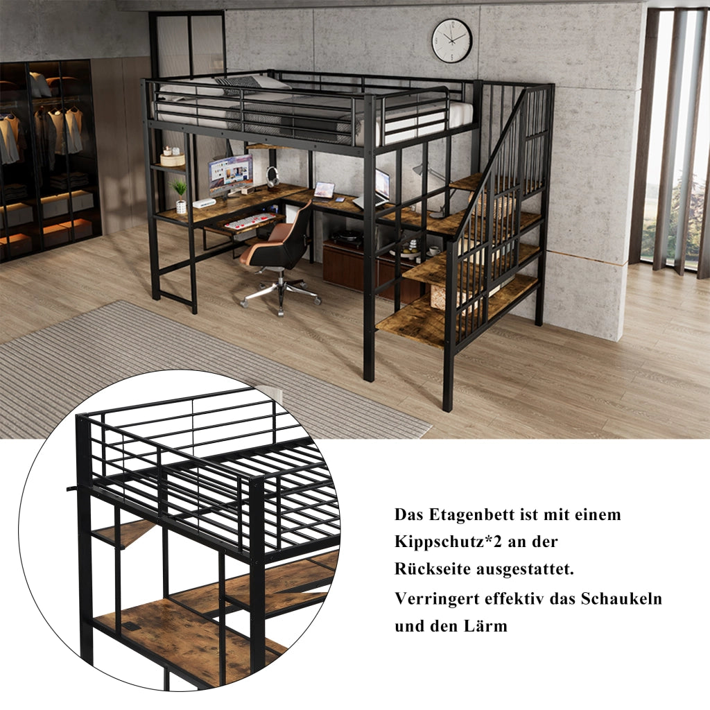 Letto a castello in ferro e MDF nero e noce scuro con scala d'angolo 120x200cm
