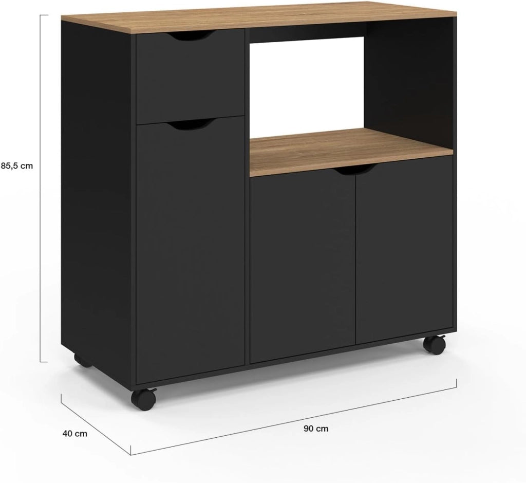 Credenza COSI XXL per microonde con cassetto in legno nero e ripiani in faggio L.90 cm
