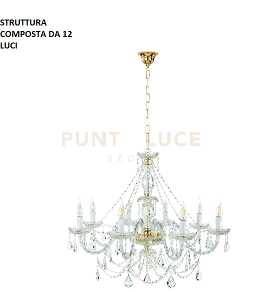 LAMPADARIO OPERA 12 LUCI TRASPARENTE E ORO ATTACCO E14 VETRO E CRISTALLO D.100CM