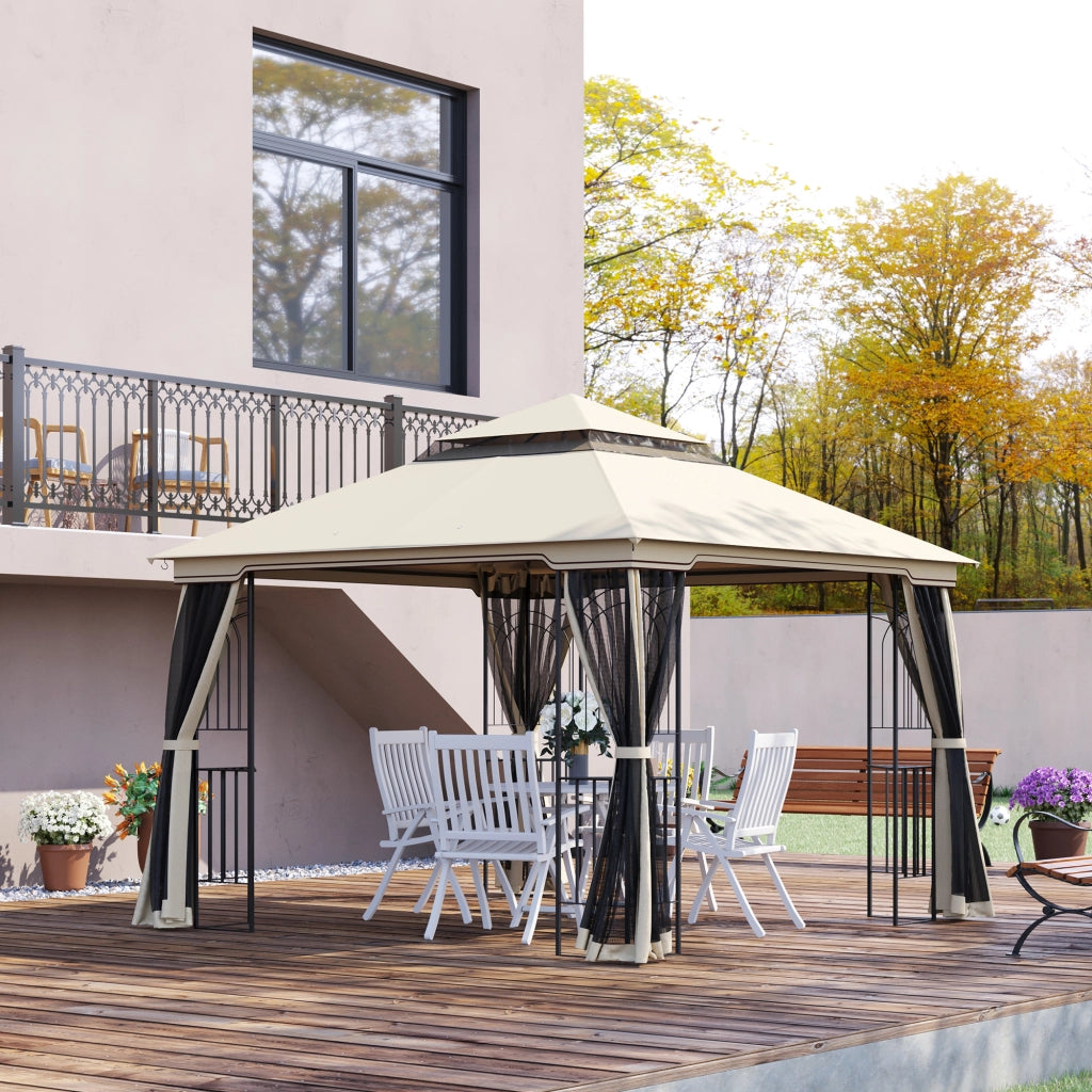 Gazebo da giardino con tenda per feste a doppio tetto 2.99 x 2.99 m con 4 pareti laterali in metallo e poliestere in beige