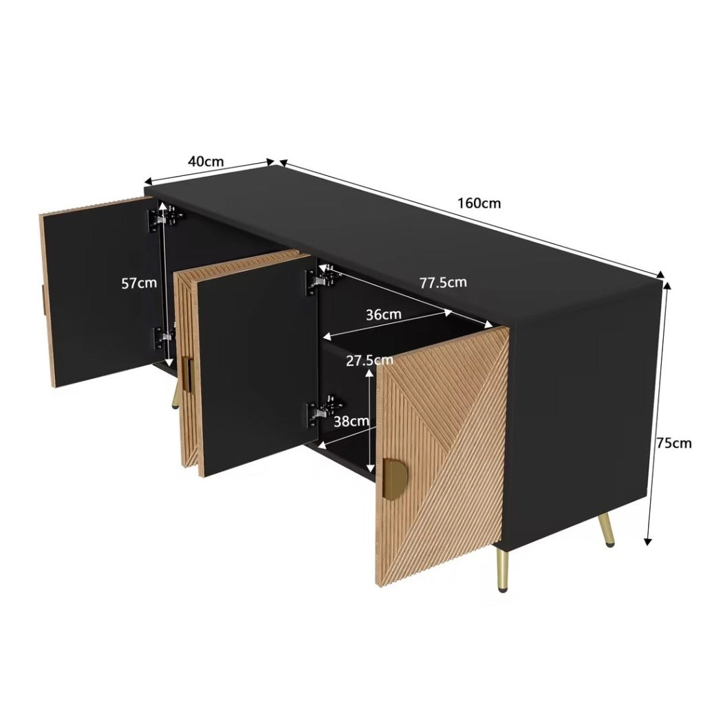 Credenza 160x40x75 cm a 4 ante con chiusura ammortizzata; MDF e pannello truciolare nero e legno