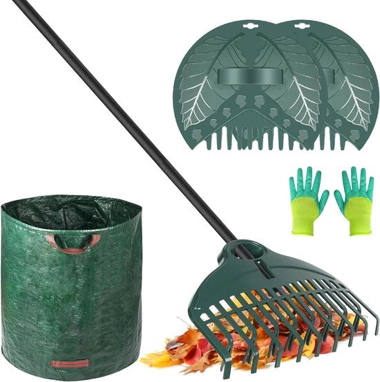 Set di attrezzi per giardino con manubrio leggero a doppia staffa 160 cm, guanti e tazza per la manutenzione del prato e la raccolta delle foglie.