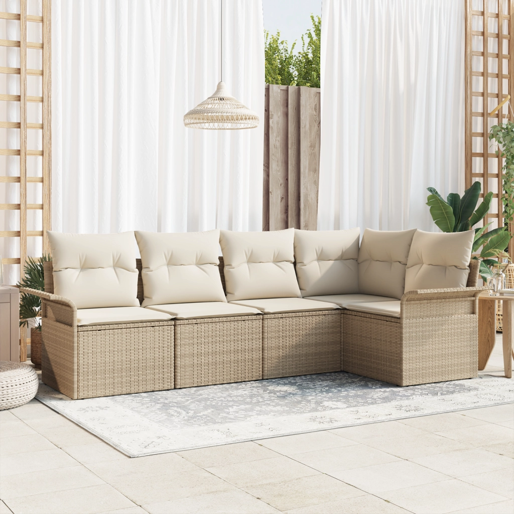 Set Divano da Giardino  5 Pezzi con Cuscini Beige Polyrattan