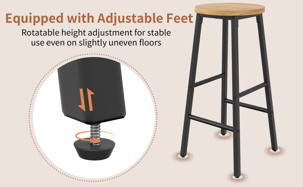 Sgabello da bar 2 pezzi con seduta effetto legno e due poggiapiedi, piedi regolabili e struttura in metallo nero 63 cm