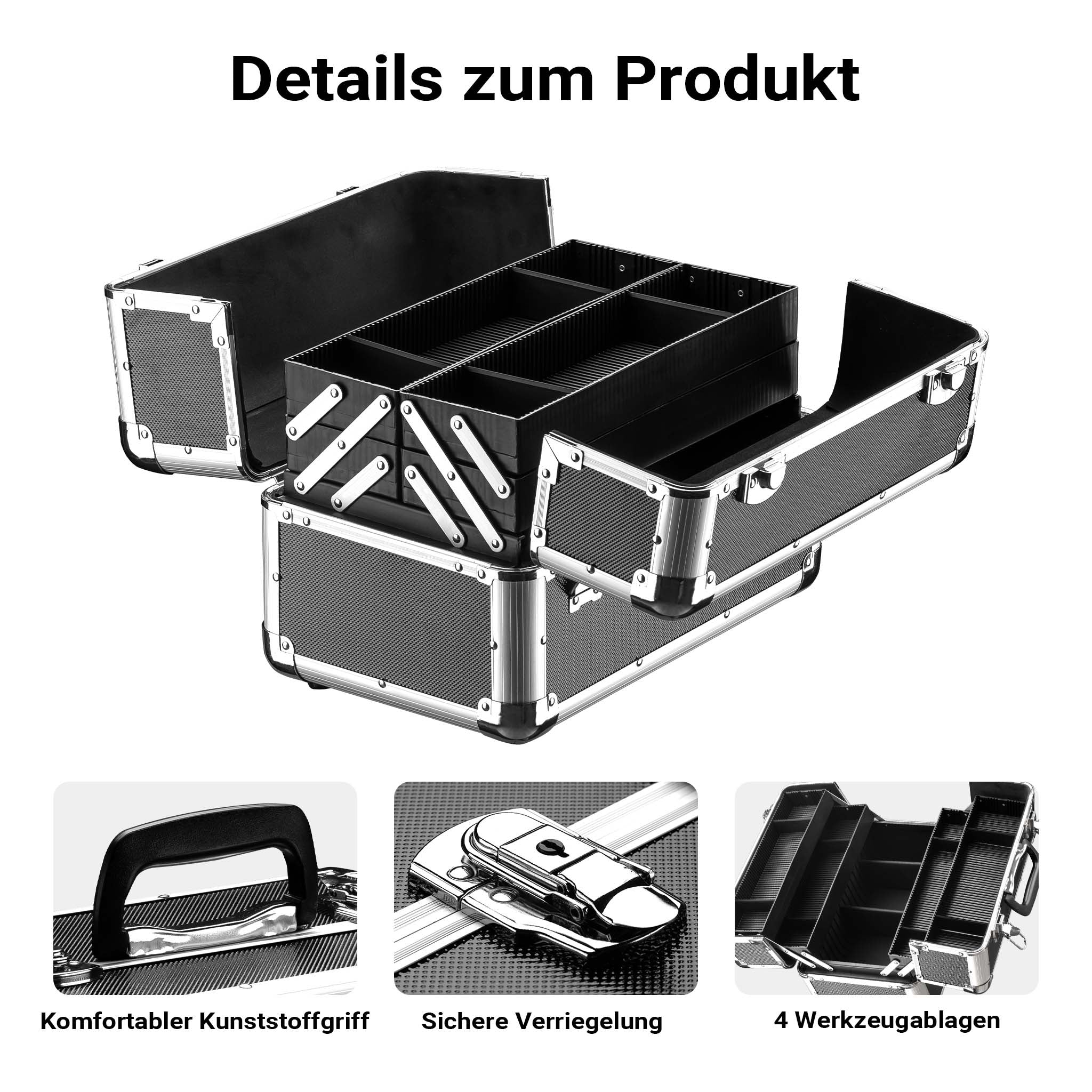 Cassetta attrezzi vuota in alluminio con 2 chiavi, valigetta universale per attrezzi 35,5 x 24 x 22,5 cm, hobby, lavoro, cassetta portautensili con separatori,