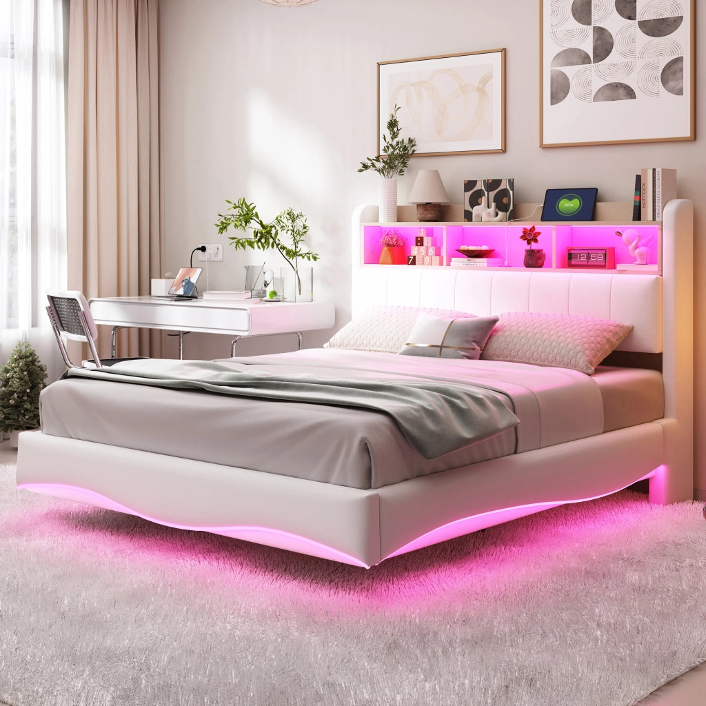Letto Matrimoniale 140x200 cm con LED; USB; Type-C e vano testiera; in Beige