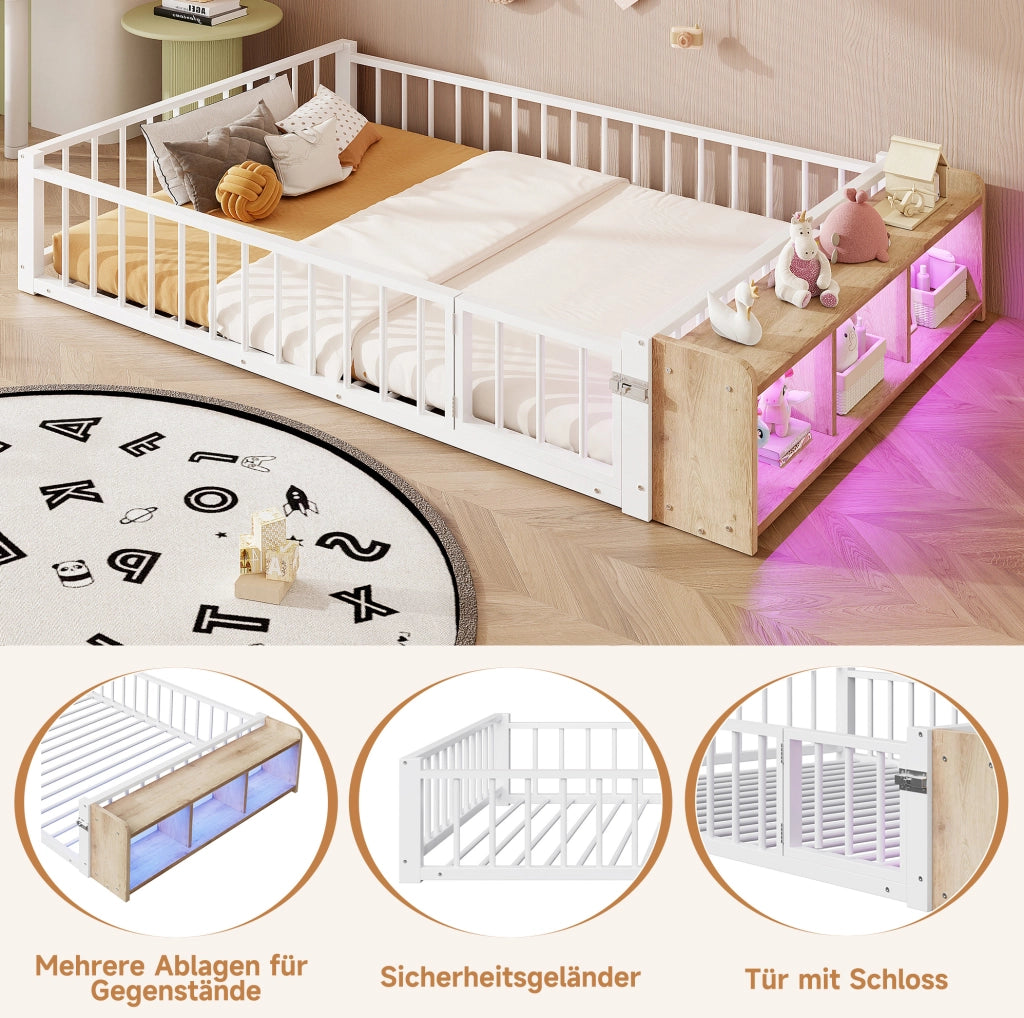 Letto in metallo con sponda, vano portaoggetti e LED, 140 x 200 cm