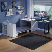 Scrivania 2-in-1 convertibile in letto bianca con materasso 4 cm ruote e armadietto
