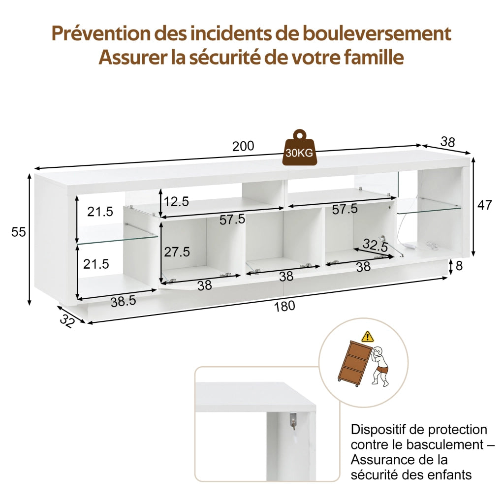 Mobile porta TV con 3 ante, vani aperti in vetro e LED, per soggiorno, in legno truciolare bianco, 200 × 38 × 55 cm