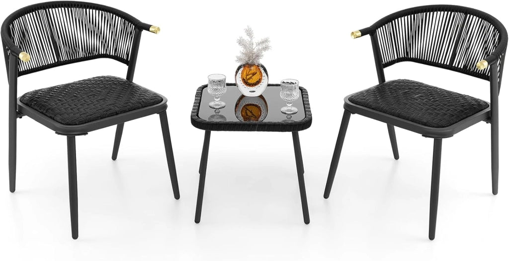 Set di mobili da giardino 3 pezzi, set da bistrot in rattan, 2 sedie imbottite e tavolino da caffè con piano in vetro temperato, per terrazza, patio, balcone, colore nero