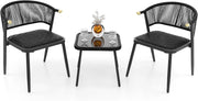 Set di mobili da giardino 3 pezzi, set da bistrot in rattan, 2 sedie imbottite e tavolino da caffè con piano in vetro temperato, per terrazza, patio, balcone, colore nero