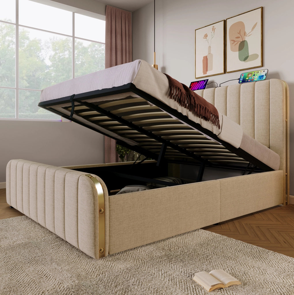 Letto matrimoniale imbottito con contenitore idraulico; USB e Type-C; 140x200 cm; beige