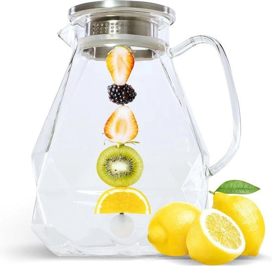 Karaf a vetro con coperchio (2 l) - karaf a vetro con inserto frutta e spazzola di pulizia - vetro borosilicato caraffa acqua - adatto per acqua e succhi