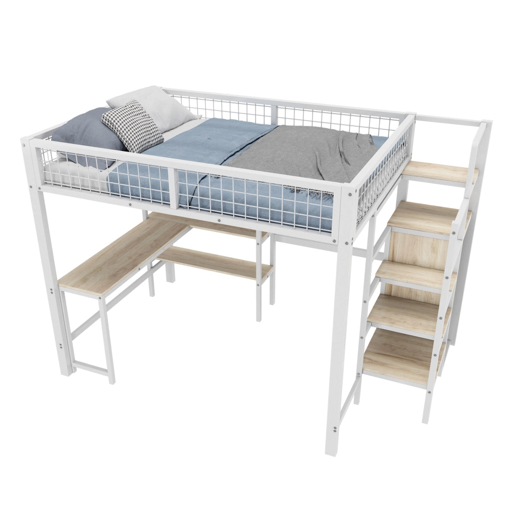 OKWISH Letto a Soppalco 140×200 cm, Letto Matrimoniale con Scrivania, Armadio e Scaffali, senza Materasso, in Metallo e MDF, Bianco