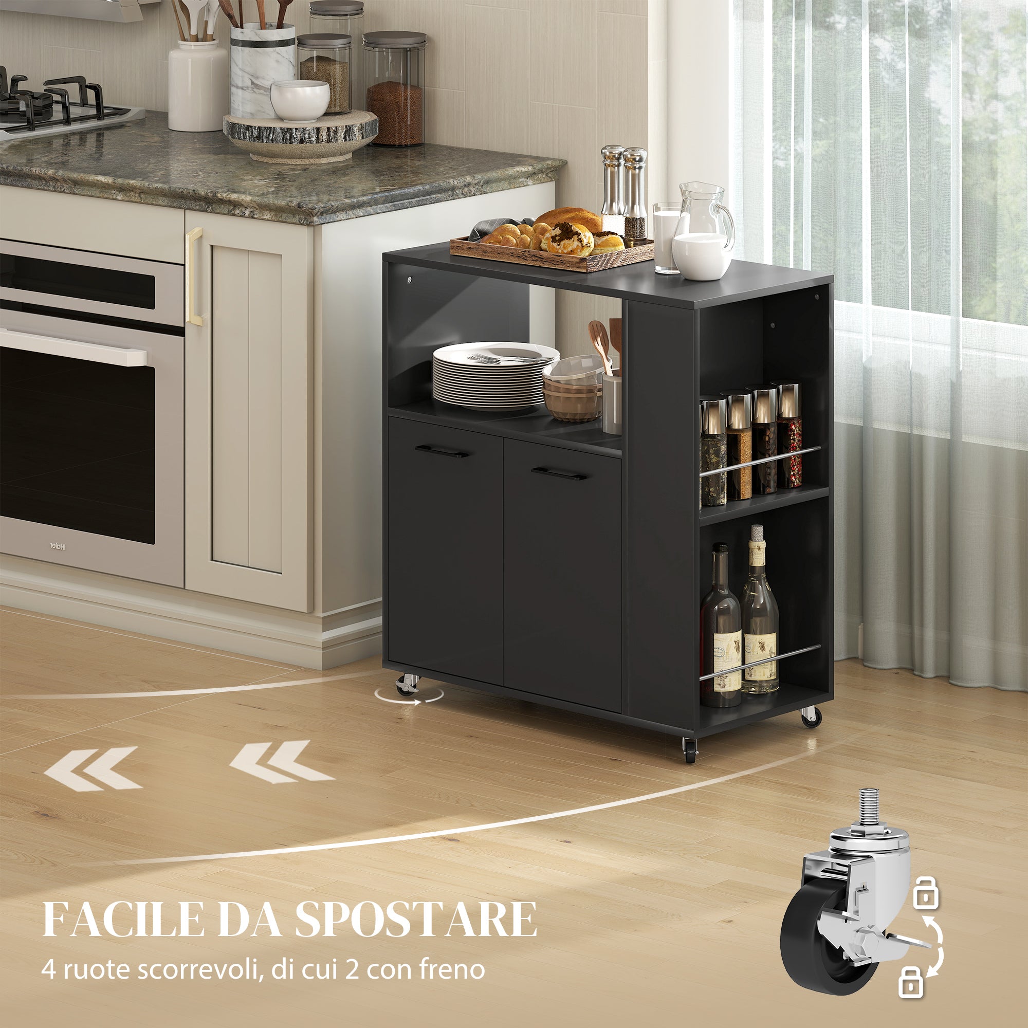 Carrello Cucina 75x40x80,5 cm con Ripiano Aperto Armadietto e Scaffale Laterale in Legno Nero