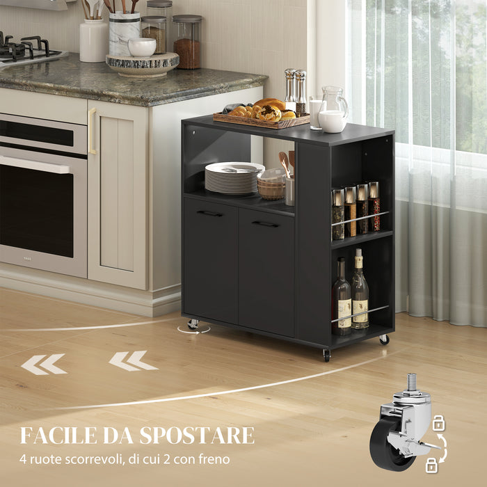 Carrello Cucina 75x40x80,5 cm con Ripiano Aperto Armadietto e Scaffale Laterale in Legno Nero