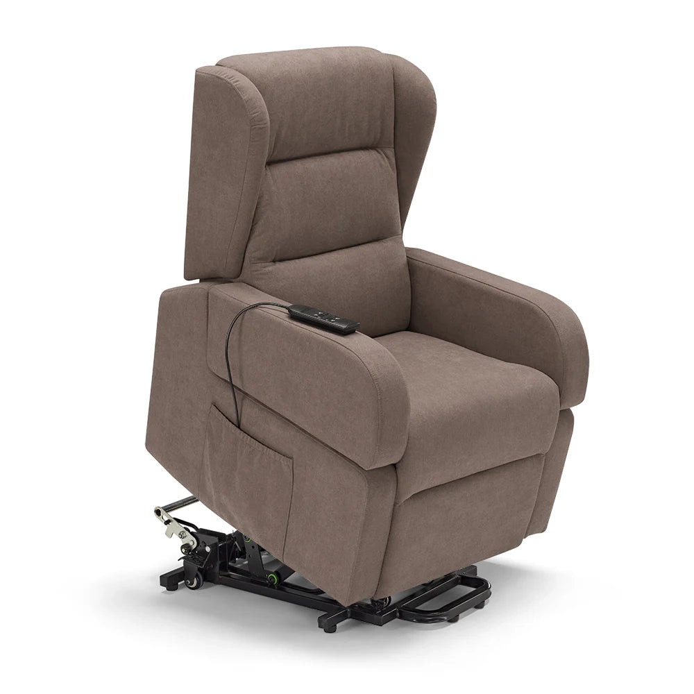 Poltrona relax elettrica Bilbao per anziani, 2 motori, 4 ruote, reclinazione e alzapersona, braccioli estrabili, doppia pediera, colore Fango
