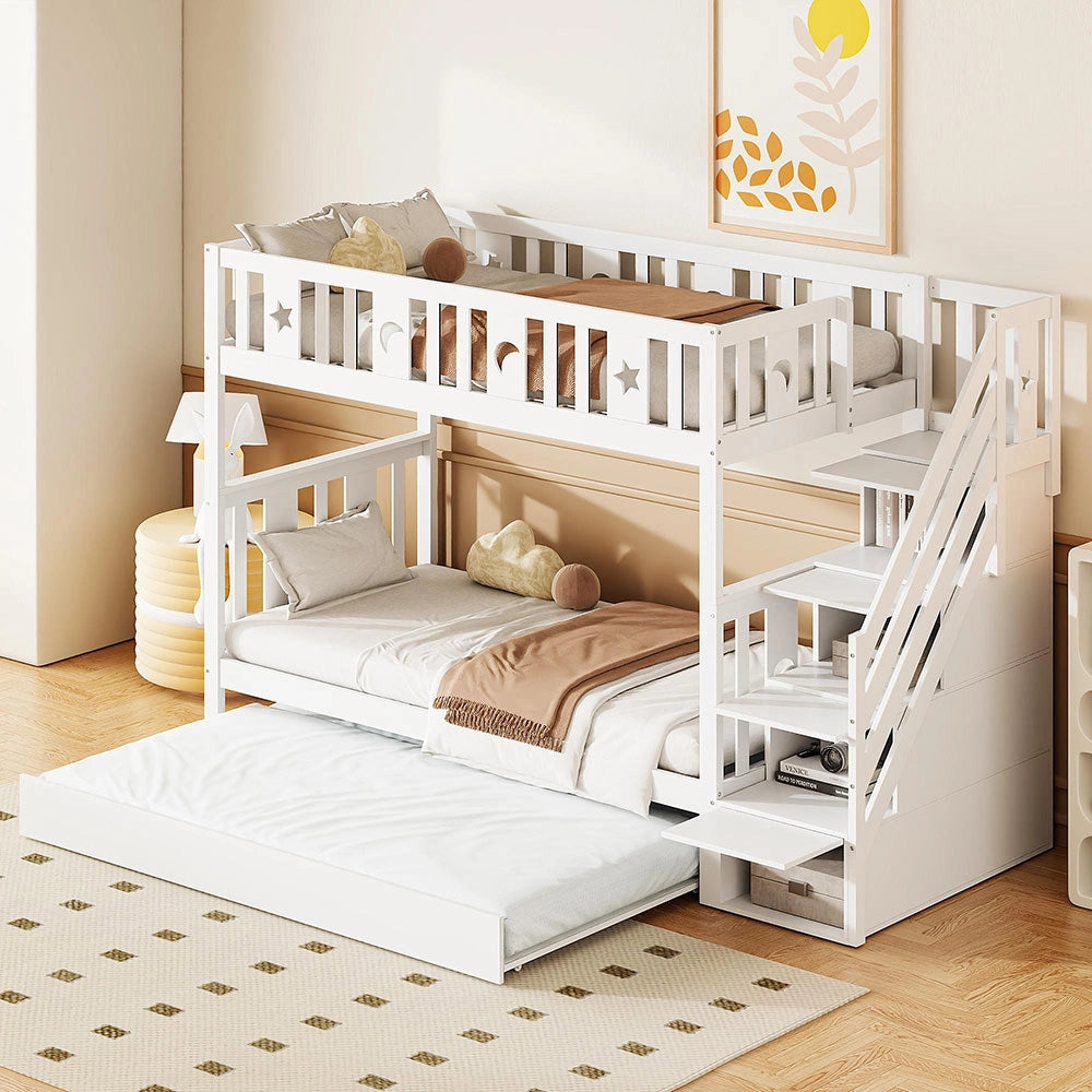 Letto a castello estraibile - Xylo - 90x190cm bianco, scala con ripiani
