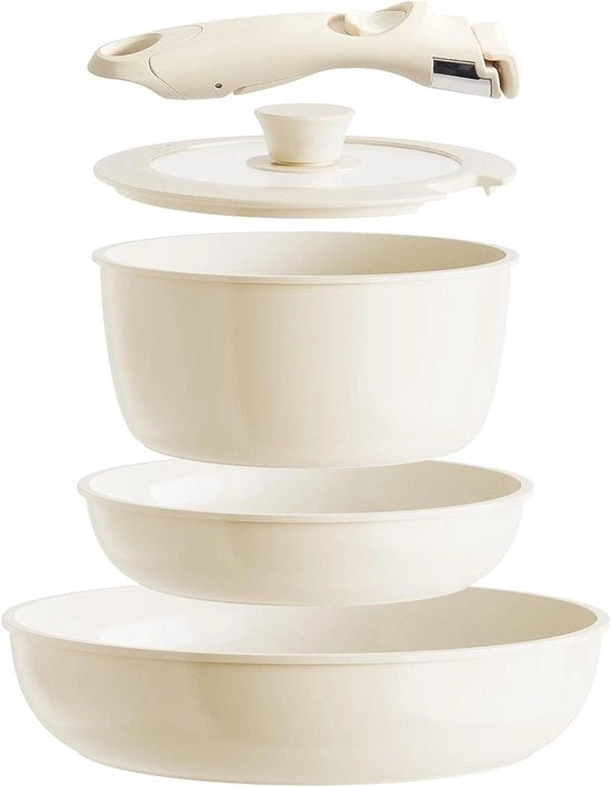 Set di Cottura in Ceramica con Manico Removibile e Protezione Antiaderente per Panni di Cottura RV - Bianco
