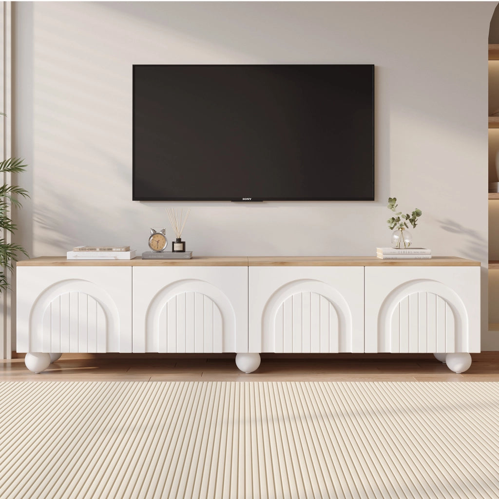 Mobile porta TV con 4 ante e 2 vani, in MDF e gambe in metallo, per soggiorno, bianco e effetto legno, 180 × 40 × 45 cm