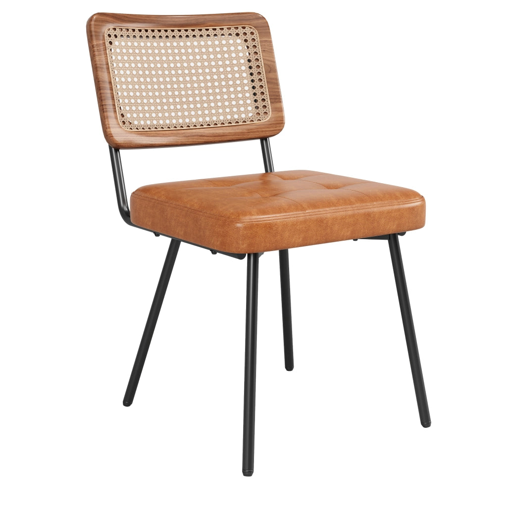 Sedia da pranzo in PU con schienale in rattan PE, seduta imbottita ed ergonomica, gambe in metallo marrone