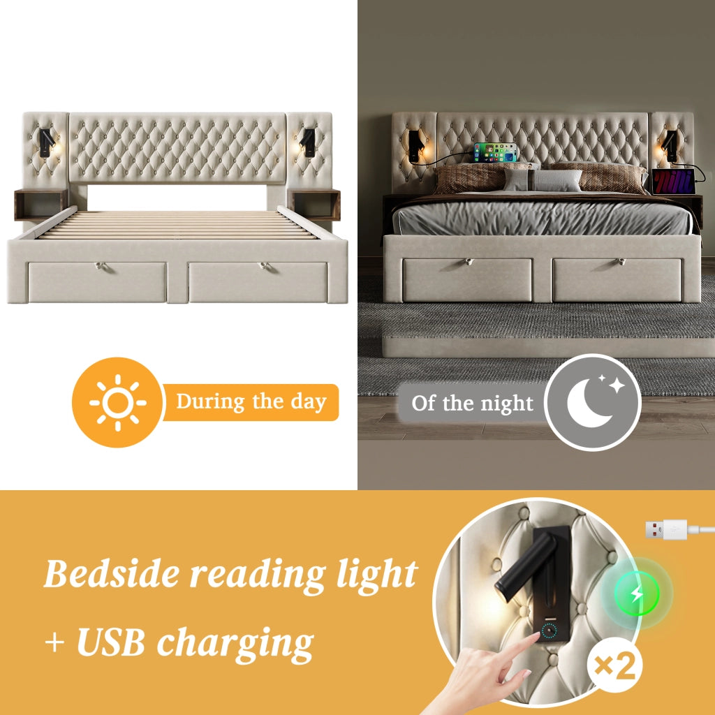 Letto Contenitore Matrimoniale 160x200 cm; 2 Comodini; 4 Cassetti; Lampade di Lettura; USB e Type C in Velluto Beige
