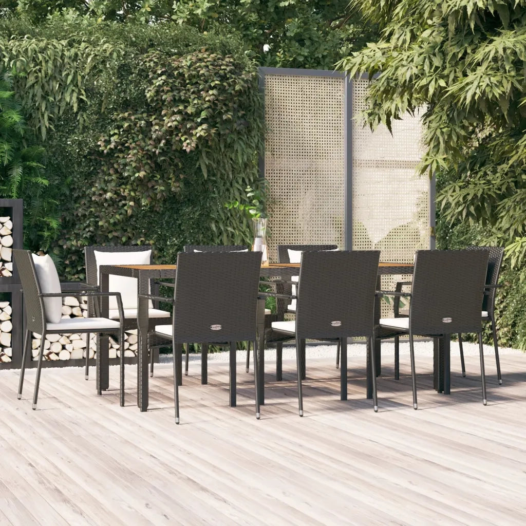 Set da Pranzo da Giardino 9 pz con Cuscini Nero in Polyrattan