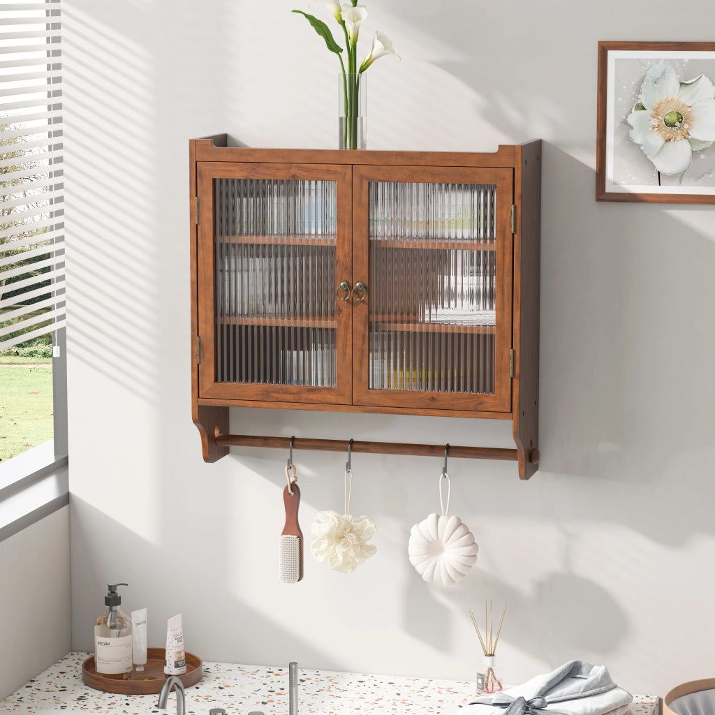 OKWISH Pensile da Parete con 2 Ante in Vetro, 3 Ripiani e Portaasciugamani, per Bagno o Cucina, 63 x 18 x 60 cm