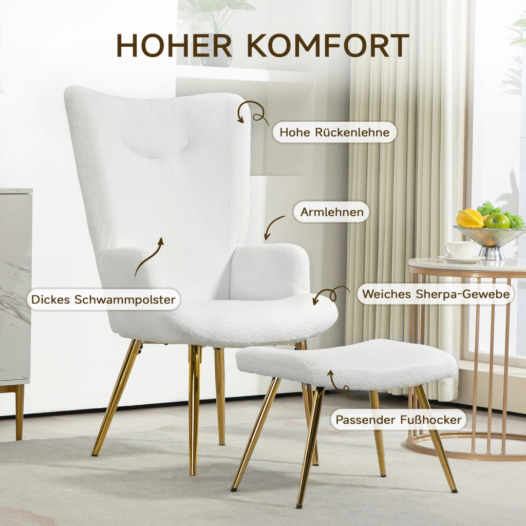 Poltrona con pouf ¨C Zephmum ¨C Bianco, Sherpa, metallo dorato