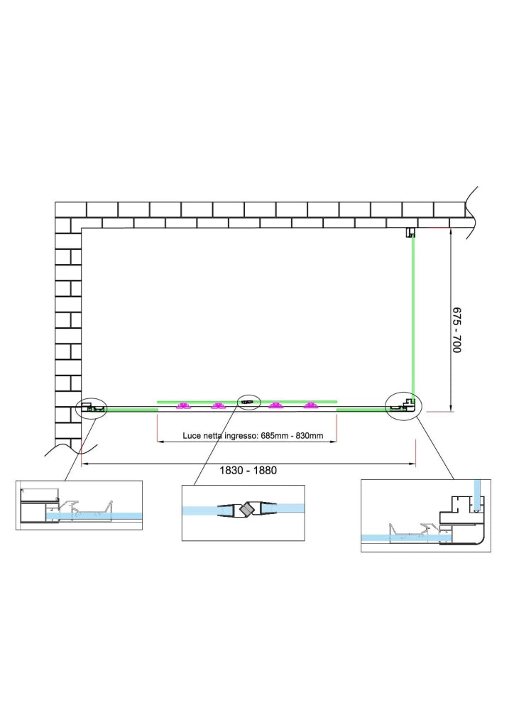 Box doccia 6 mm H 190 parete fissa e porta a 4 ante con apertura centrale MISURA 67,5-70 ANTA FISSA + PORTA 183-188