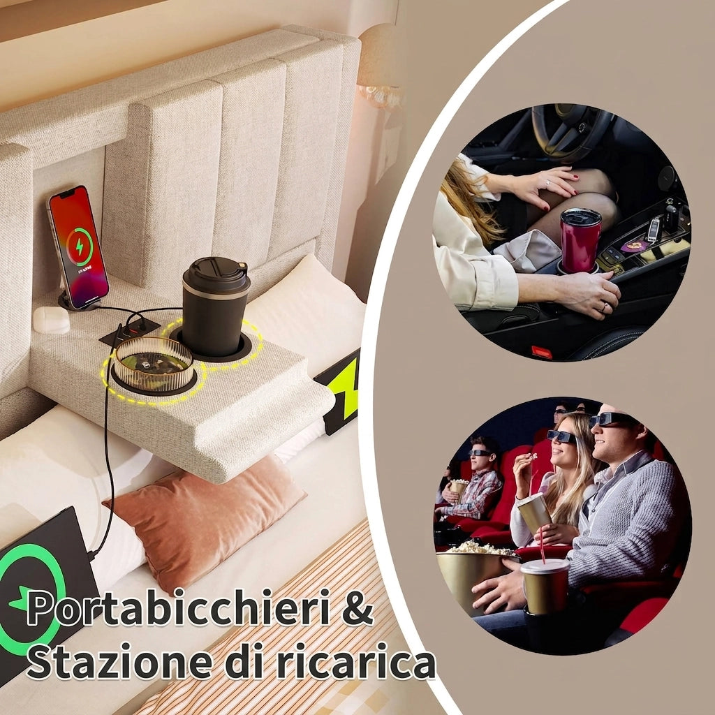 Letto contenitore 140x200 con ricarica USB e portabicchieri; letto imbottito lino beige