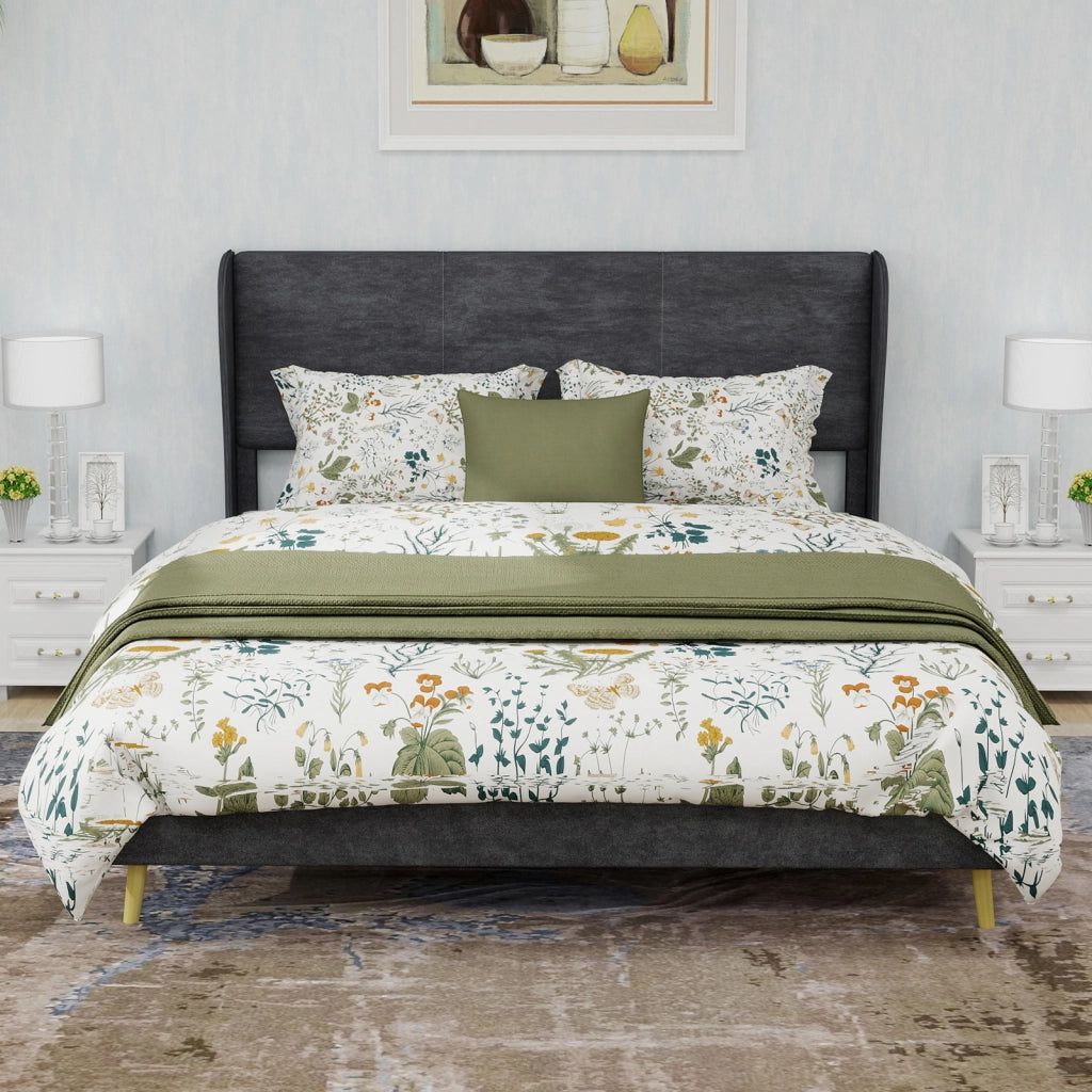 Letto Matrimoniale 140 x 200 cm con Testiera Imbottita; Tessuto e Metallo; Grigio