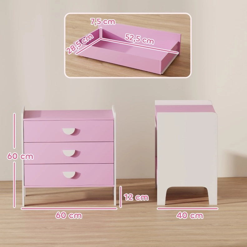 Cassettiera per bambini rosa e bianca con 3 cassetti