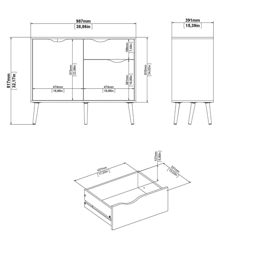 Credenza a due ante e un Audit, colore bianco e rovere, Misure 98 x 81 x 39 cm
