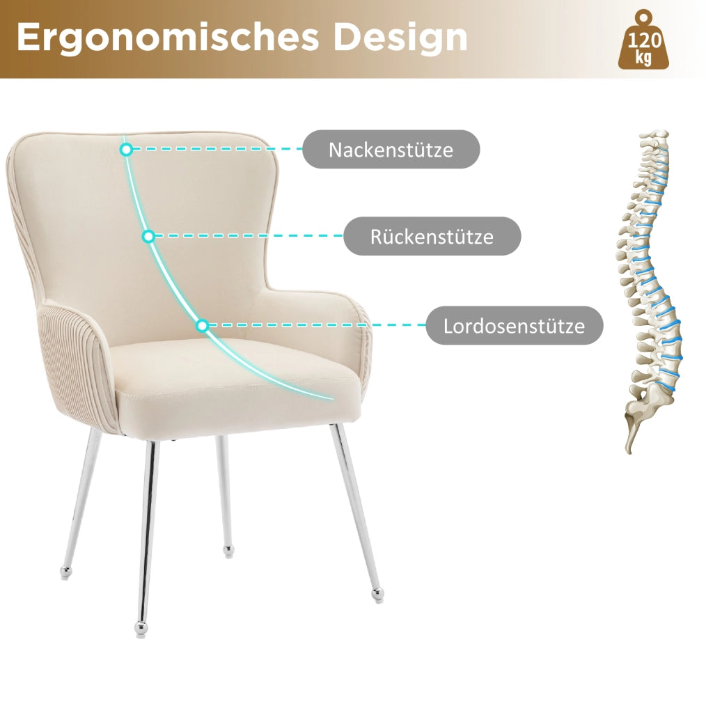Sedia da pranzo 4 pezzi con braccioli e supporto lombare, schienale plissettato, in velluto e metallo beige