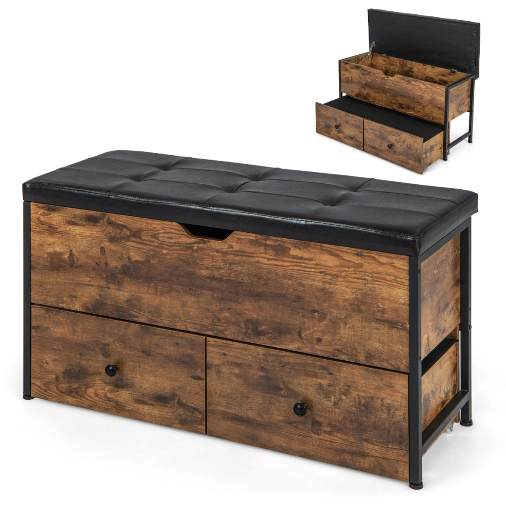 Cassapanca con cuscino sedile imbottito e 2 cassetti, Panca contenitore in legno per ingresso portata 150kg Marrone-Scarpiere
