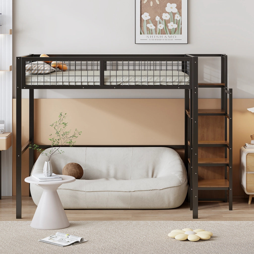 OKWISH Letto a Soppalco 140×200 cm, Letto Matrimoniale con Scala, Mensole e Armadio, senza Materasso, in Metallo, Nero