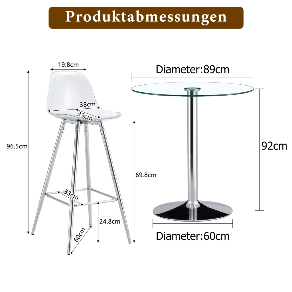 Tavolo rotondo in vetro trasparente con 2 sgabelli alti, base in metallo, stile moderno, per cucina, bar e uffici, 89 cm